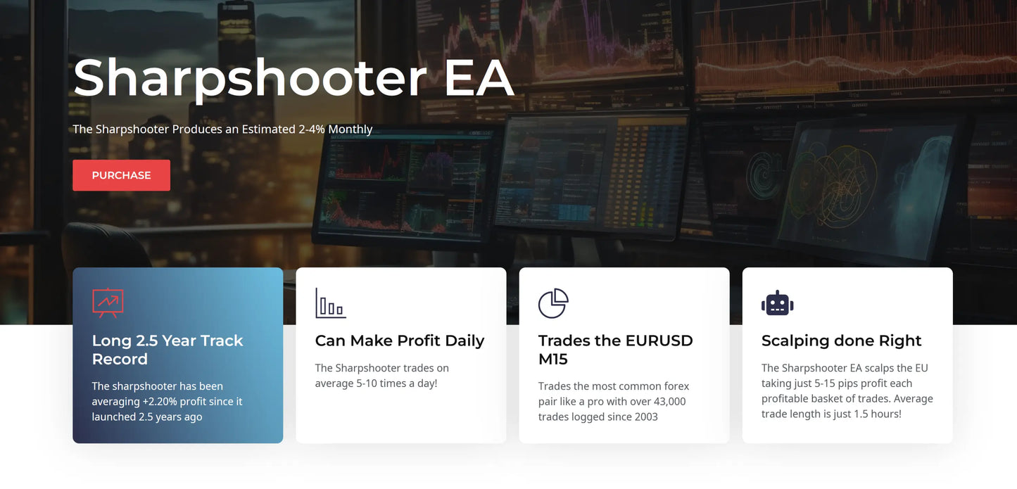 V3.0 sharpshooter ea mt4 trading software interface on multiple monitors showing financial charts and data analysis