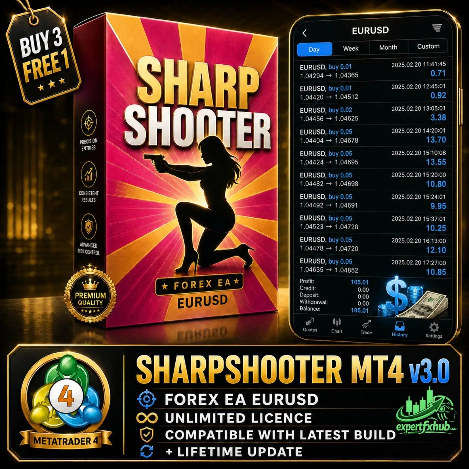 Vibrant pink and orange box for v3.0 sharpshooter ea mt4 featuring a woman silhouette aiming gun with sunburst background