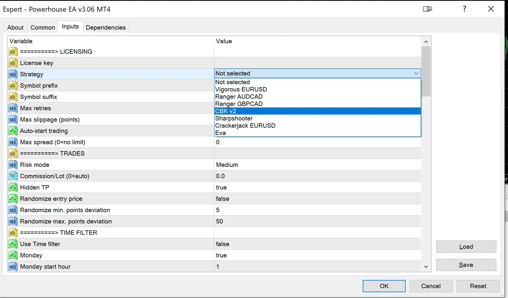 The powerhouse ea v3.06 mt4 software interface shows trading settings with risk mode medium and eurusd symbol prefix