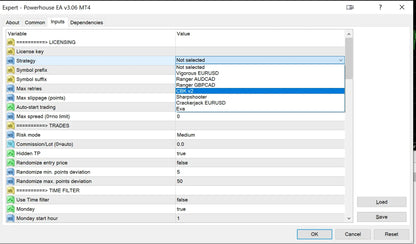 The powerhouse ea v3.06 mt4 software interface shows trading settings with risk mode medium and eurusd symbol prefix