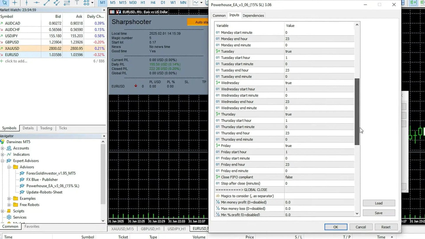 Sharpshooter trading platform interface in v3.06 powerhouse forex mt4 showing eur/usd chart and settings window