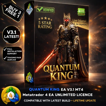 Black and gold boxed software package quantum king ea v3.1 mt4 featuring knight with glowing red sword