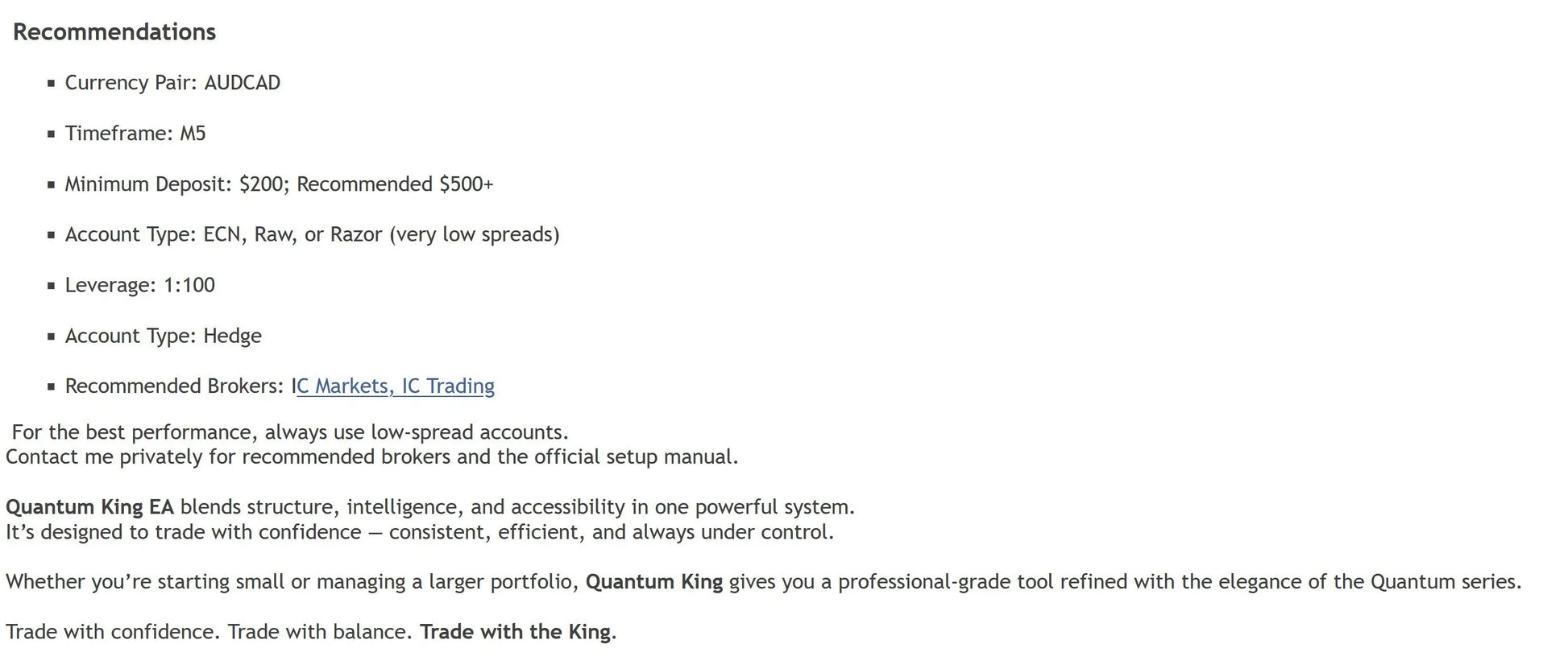 Quantum king mt4 v3.1 trading platform recommendation list for audcad on m5 timeframe with 200 minimum deposit and 1 100 leverage