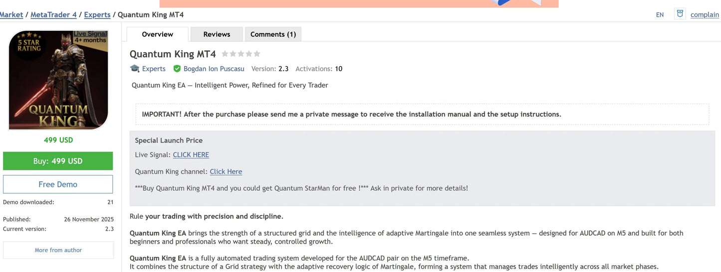 V3.1 Quantum King MT4 trading platform interface with dark theme and batman-like figure cover art design