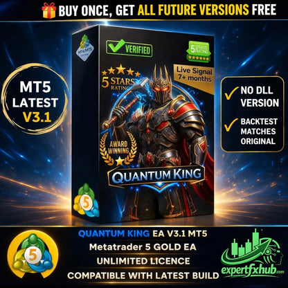 Black box packaging for quantum king ea v3.1 mt5 featuring a fantasy knight in dark armor with red accents and blue energy effects