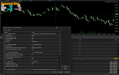 Quantum King MT5 v3.1 trading platform interface showing aud/usd chart and settings window for forex analysis