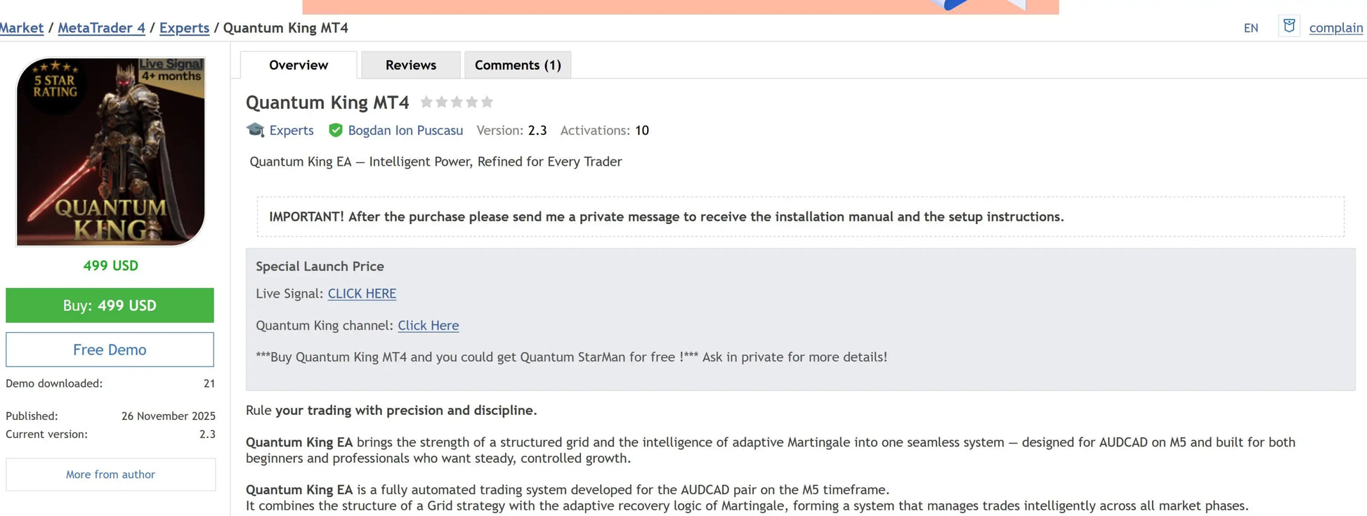 V3.1 Quantum King MT5 trading platform interface with dark theme and batman-like figure on cover art