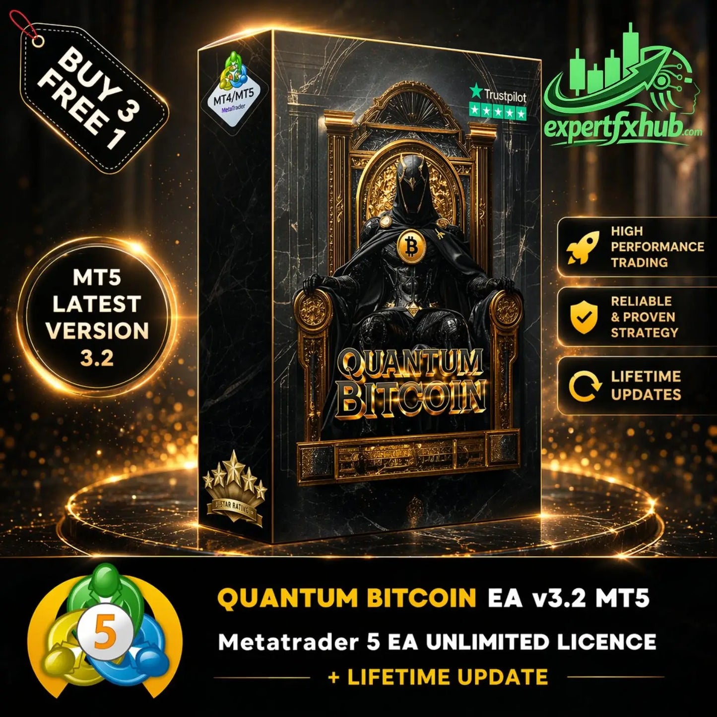 Black and gold box of quantum bitcoin ea v3.2 mt5 featuring a figure in black robes on a bitcoin throne