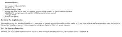 Text-based advertisement for v3.2 quantum bitcoin mt5 promoting cryptocurrency trading with recommended pairs and accounts