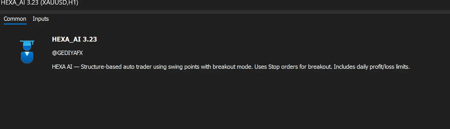V3.23 hexa ai gold mt5 trading platform interface showing auto-trading features for xau/usd with breakout mode and stop orders