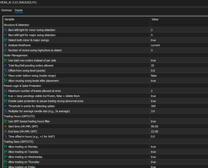 The v3.23 hexa ai gold mt5 dark-themed software interface showing trading parameters and settings in table format