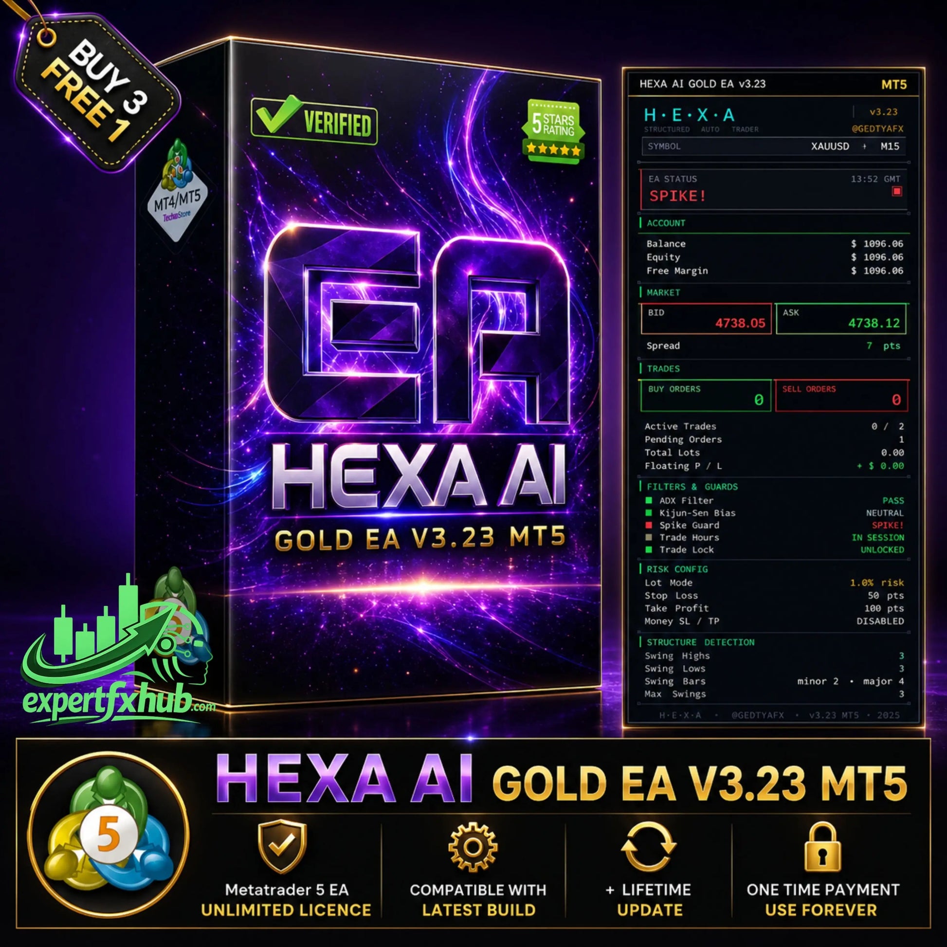 Purple and black box for hexa ai gold ea v3.23 mt5 trading software with glowing neon lettering and cosmic design elements