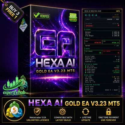 Purple and black box for hexa ai gold ea v3.23 mt5 trading software with glowing neon lettering and cosmic design elements