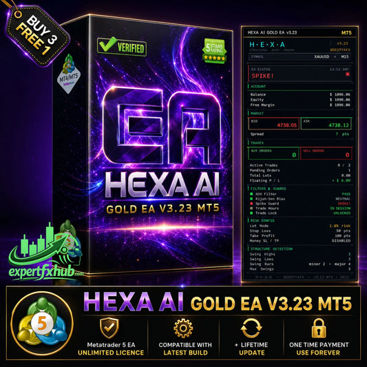 Purple and black box for hexa ai gold ea v3.23 mt5 trading software with glowing neon lettering and cosmic design elements
