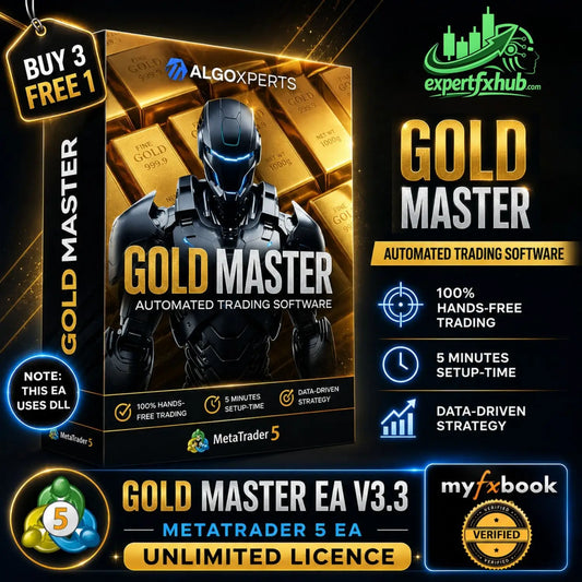 Black armored robot figure with glowing blue visor in front of gold bars for v3.3 gold master MT5 product
