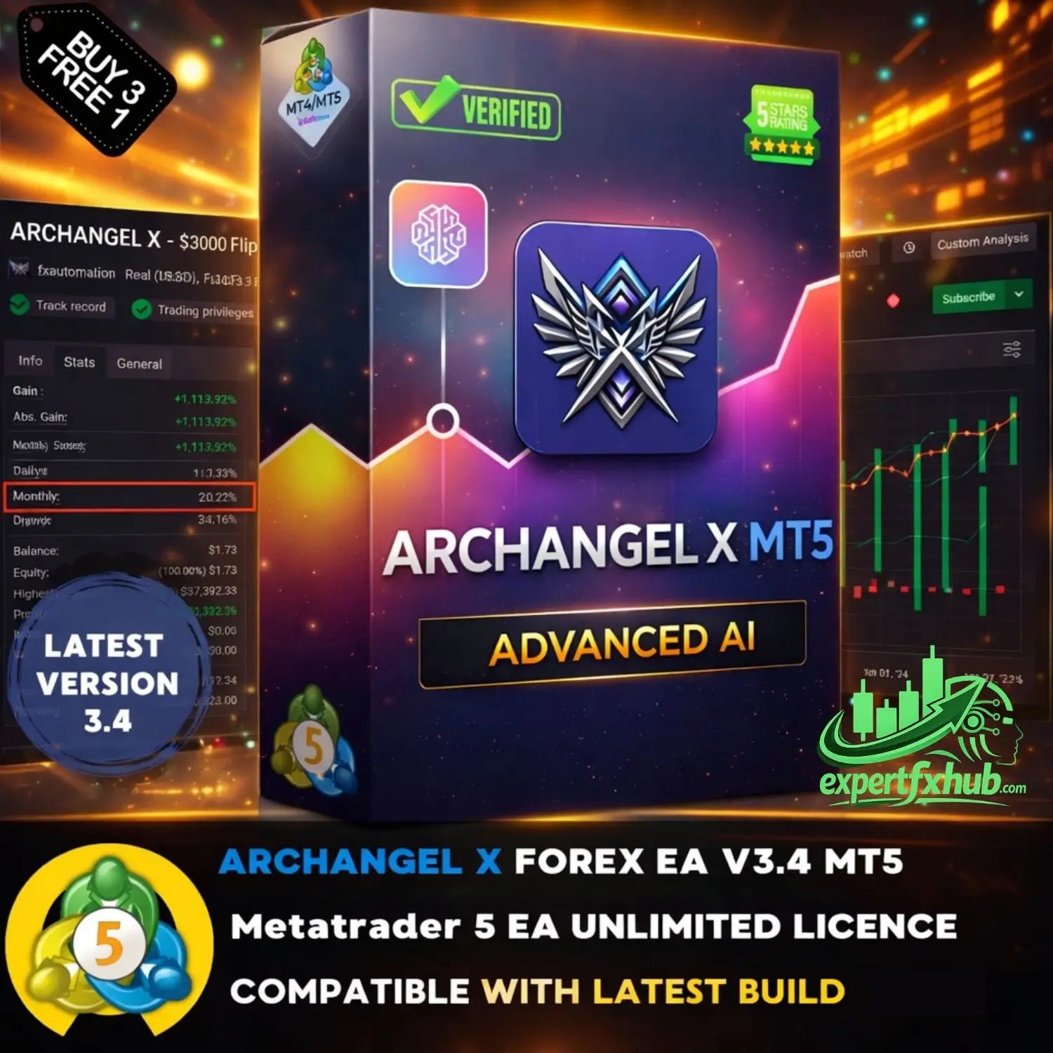 A sleek dark purple software box for archangel x mt5 advanced ai trading platform v3.4 gold edition