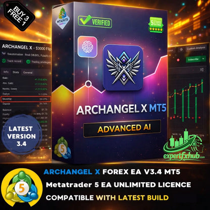 A sleek dark purple software box for archangel x mt5 advanced ai trading platform v3.4 gold edition