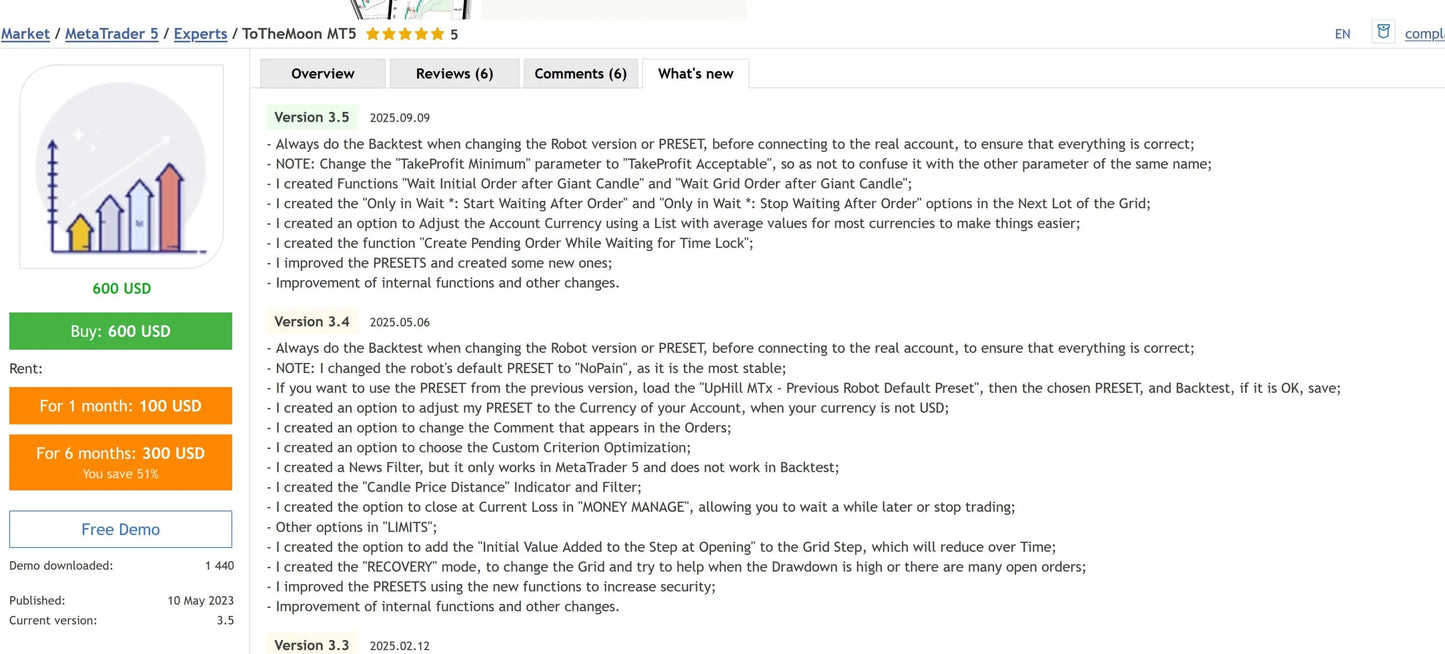 Screenshot of v3.5 tothemoon mt5 trading robot software listing with usd pricing and rental options displayed