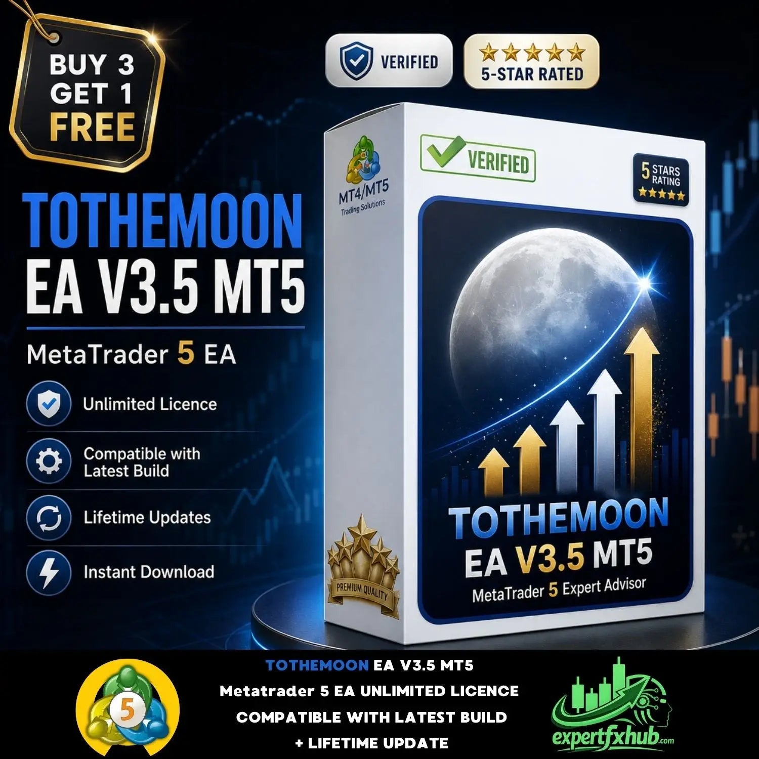 White rectangular box for v3.5 tothemoon mt5 featuring moon graphic with upward arrows and blue gold text on front panel