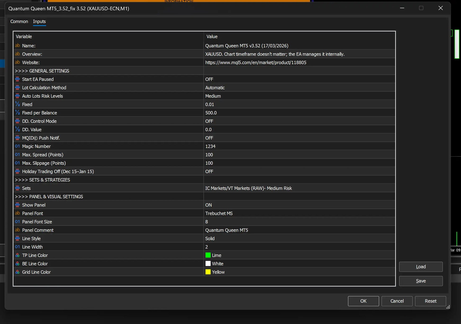 Dark-themed software interface for quantum queen mt5 version 3.52 showing trading parameters and panel settings in white text on black background