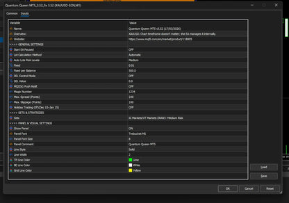 Dark-themed software interface for quantum queen mt5 version 3.52 showing trading parameters and panel settings in white text on black background