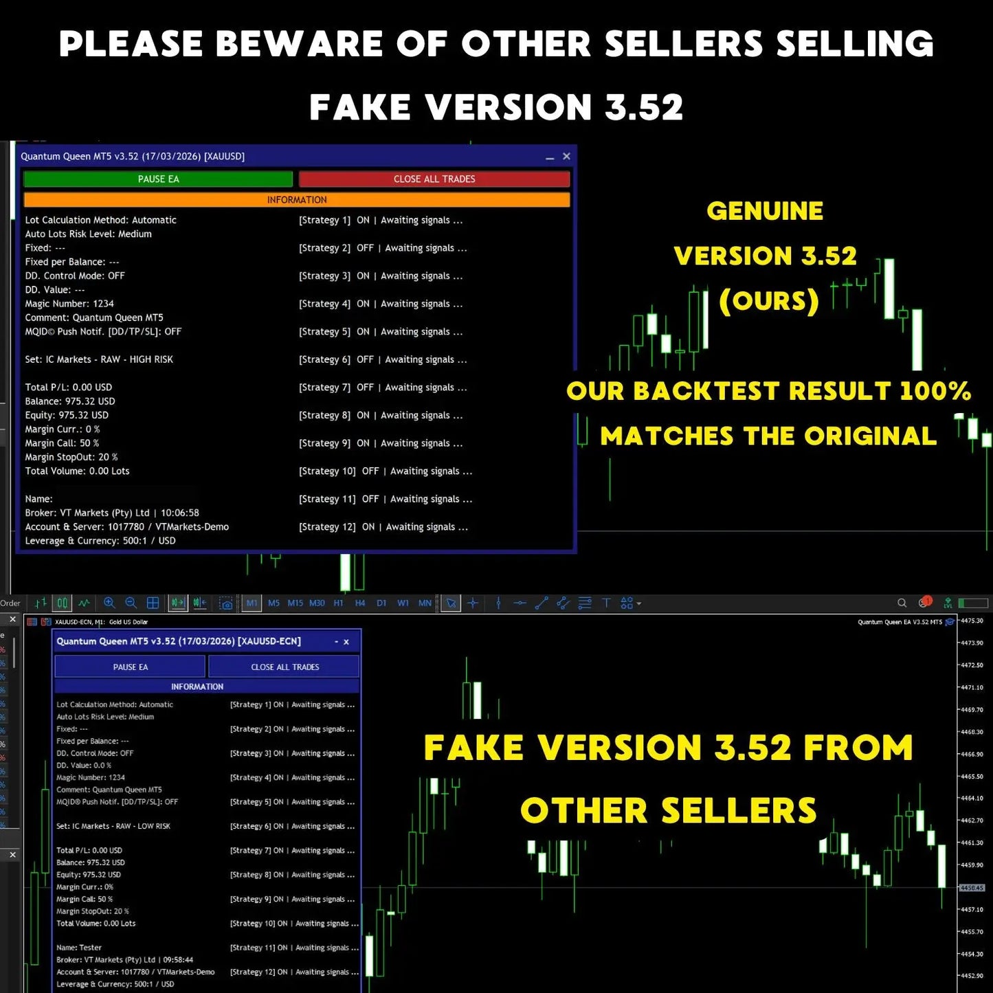 Genuine quantum queen mt5 v3.52 trading platform interface showing candlestick charts and strategy data on dark background