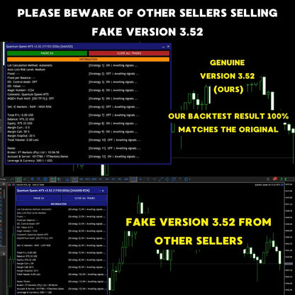 Genuine quantum queen mt5 v3.52 trading platform interface showing candlestick charts and strategy data on dark background