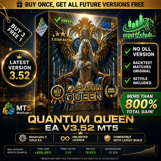 Gold and black box for quantum queen ea v3.52 mt5 trading software featuring an angelic armored figure with wings