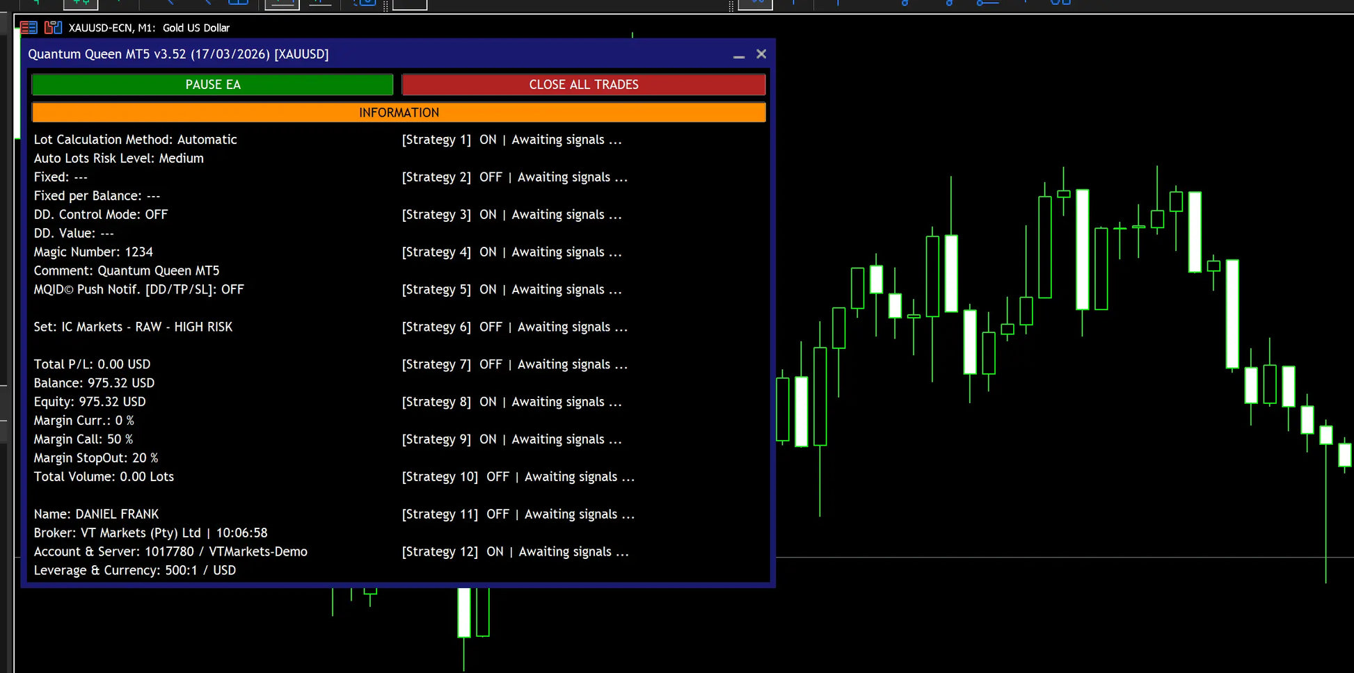 V3.52 Quantum Queen MT5 trading platform interface showing candlestick chart and strategy information in dark mode
