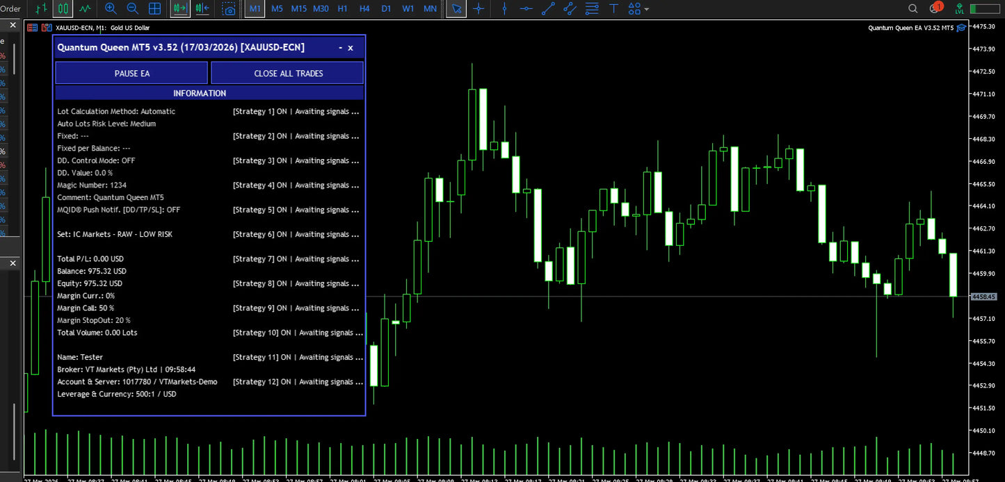 V3.52 Quantum queen mt5 trading platform interface with green candlestick charts and detailed trade data on black background