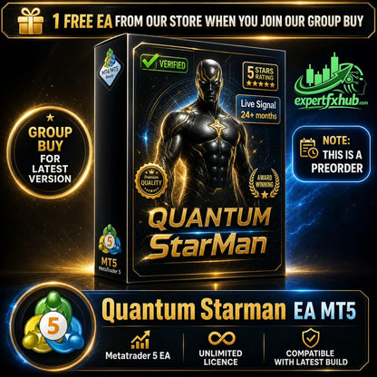 Black and gold quantum starman ea mt5 trading software box featuring a muscular superhero in black suit v4.0 Quantum Starman MT5