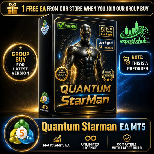 Black and gold quantum starman ea mt5 trading software box featuring a muscular superhero in black suit v4.0 Quantum Starman MT5