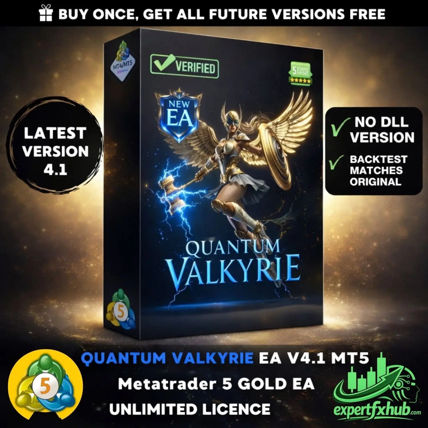 Black software box for quantum valkyrie ea v4.1 mt5 featuring golden winged warrior with lightning effects on front cover
