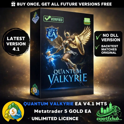 Black software box for quantum valkyrie ea v4.1 mt5 featuring golden winged warrior with lightning effects on front cover