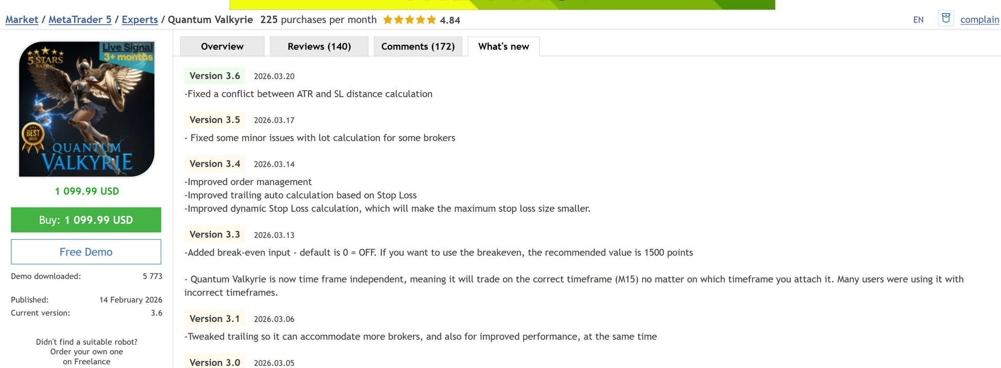 Quantum valkyrie trading software interface showing version 3.6 update and pricing for v4.1 mt5 financial tool