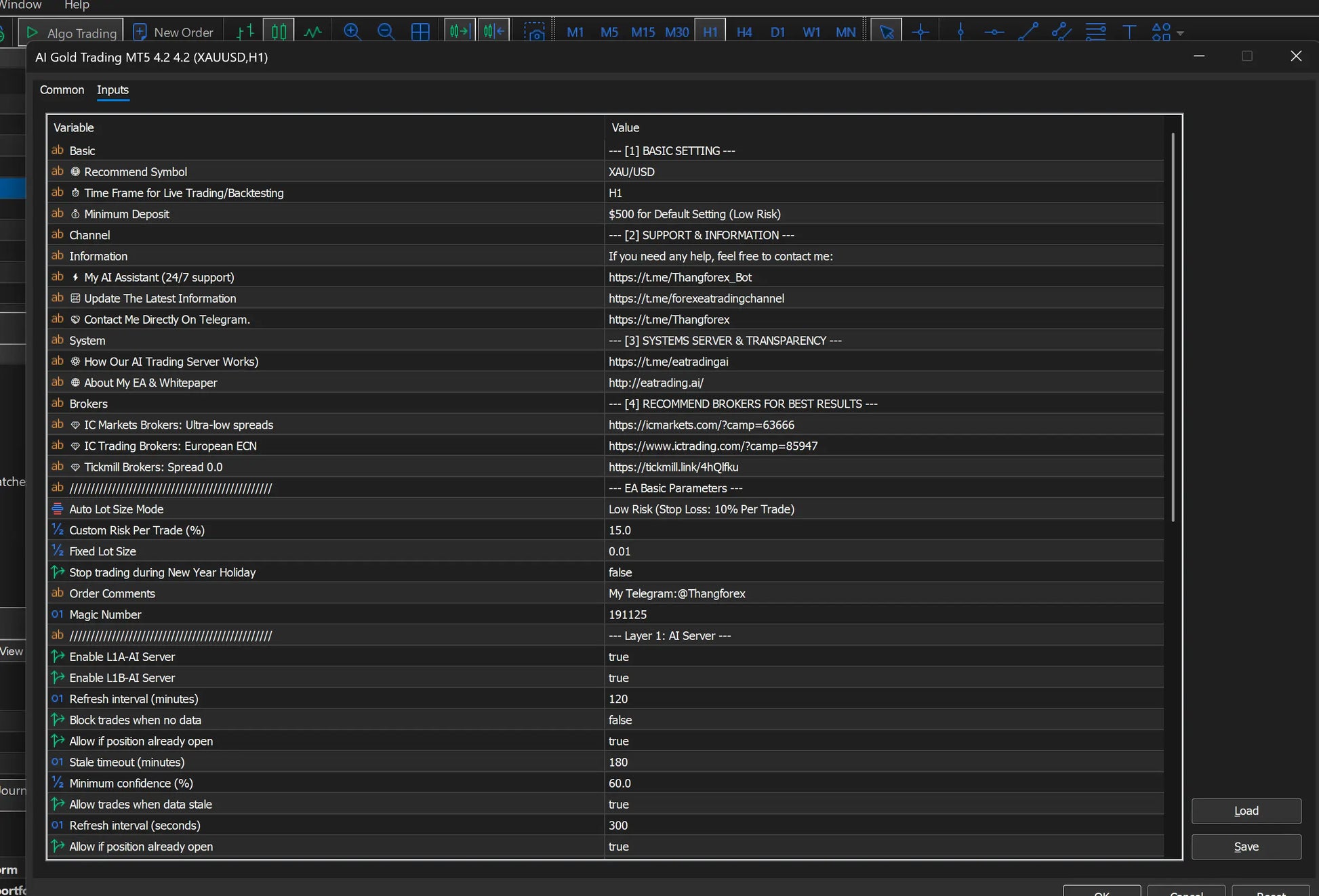 Dark-themed ai gold trading mt5 software interface v4.2 showing configuration settings and broker information