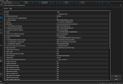 Dark-themed ai gold trading mt5 software interface v4.2 showing configuration settings and broker information