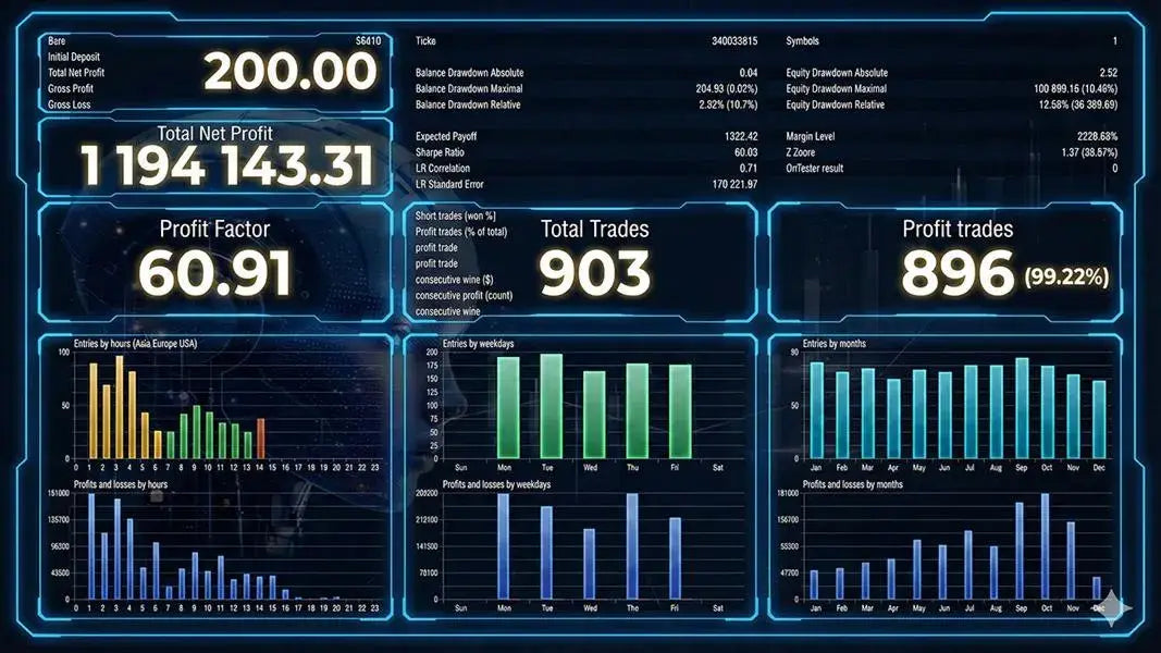 Digital trading dashboard with glowing blue neon text and graphs on dark background for v4.2 AI gold trading MT5