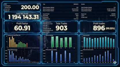 Digital trading dashboard with glowing blue neon text and graphs on dark background for v4.2 AI gold trading MT5