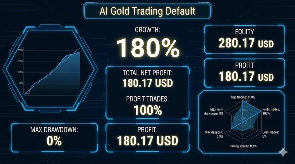 Digital display of v4.2 ai gold trading mt5 showing ai gold trading performance metrics with glowing blue hexagonal frames