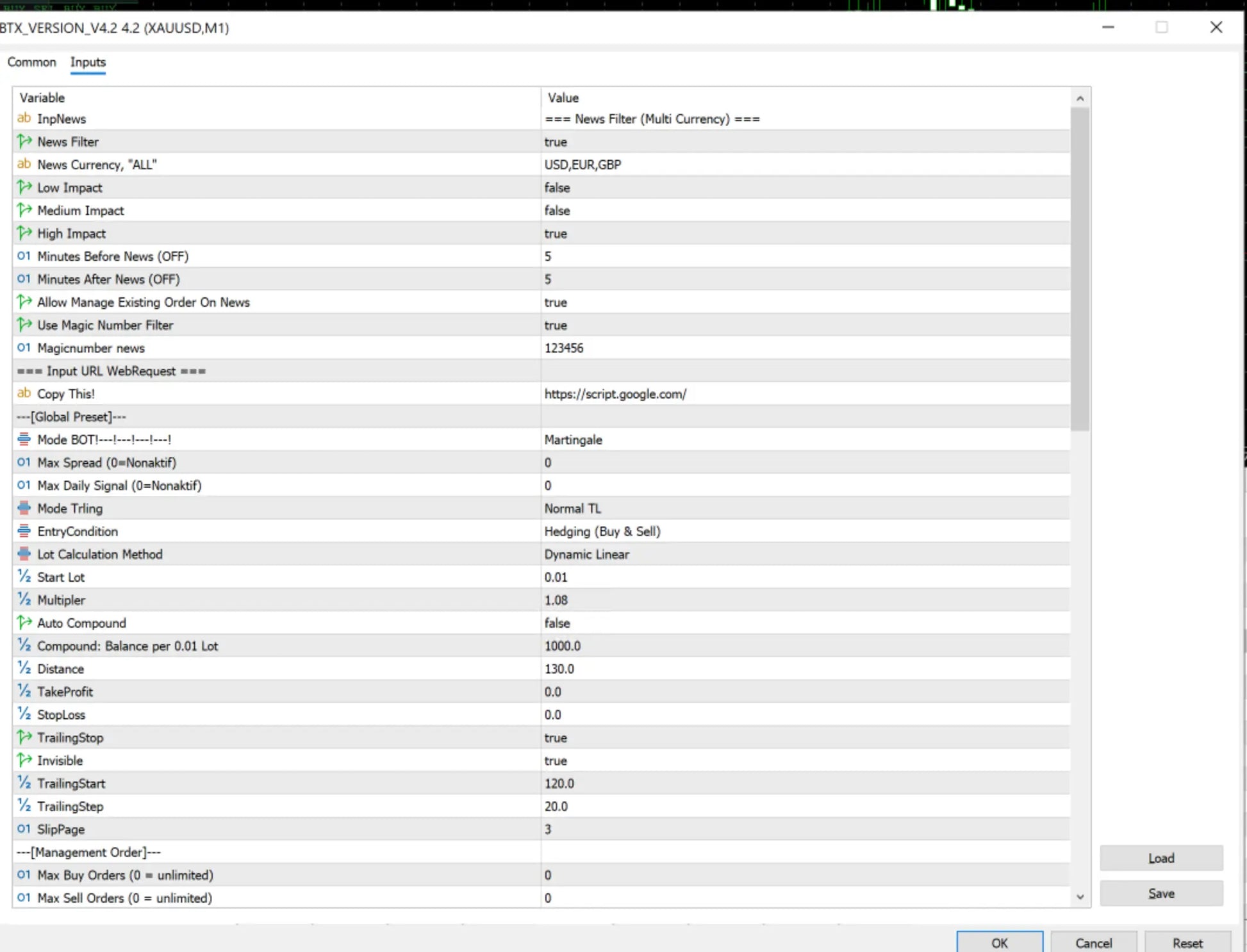 A software interface window displaying trading parameters and settings for v4.2 btx scalper pro mt5 financial tool