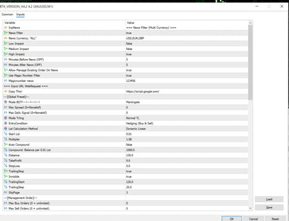 A software interface window displaying trading parameters and settings for v4.2 btx scalper pro mt5 financial tool