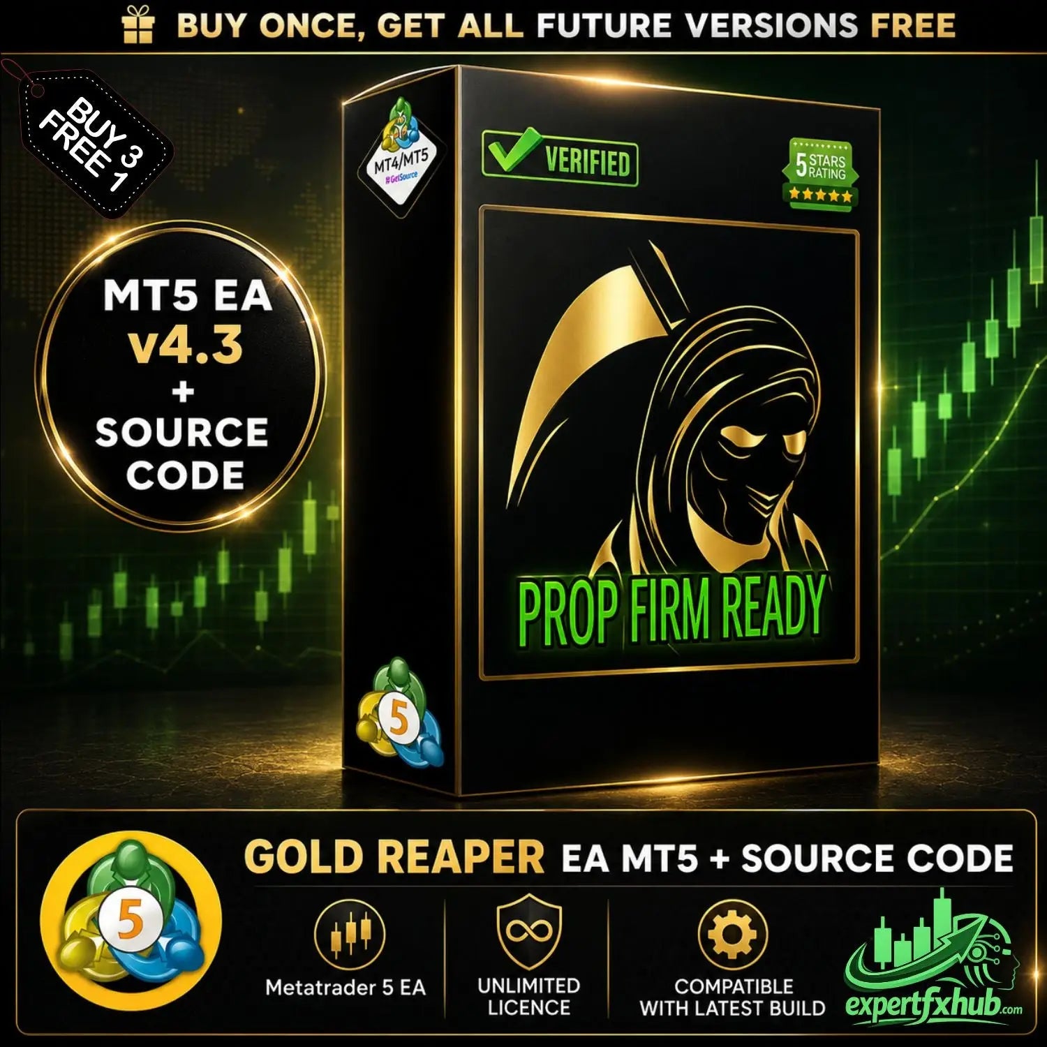 Black and gold box featuring golden reaper silhouette and green prop firm ready text for gold reaper ea mt5 source code