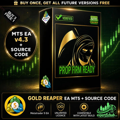 Black and gold box featuring golden reaper silhouette and green prop firm ready text for gold reaper ea mt5 source code