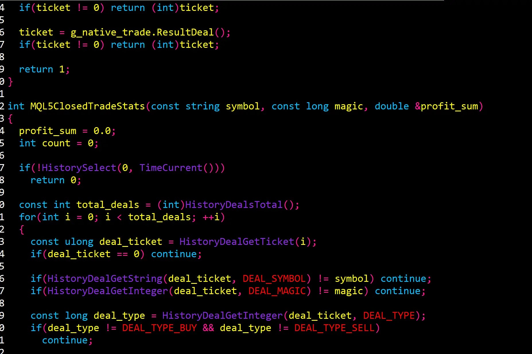 Black screen showing v4.3 gold reaper mql5 c++ code with white green and purple syntax highlighting