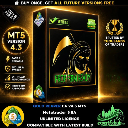 Black and gold gold reaper ea v4.3 mt5 expert advisor box featuring grim reaper silhouette for metatrader 5 trading