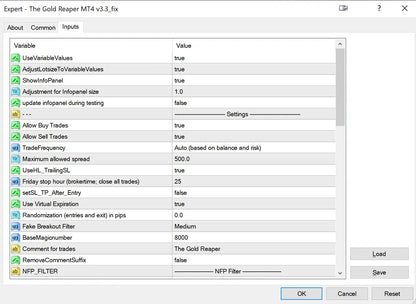 The gold reaper mt4 v3.3 fix expert advisor settings window with adjustable trade execution and risk management parameters