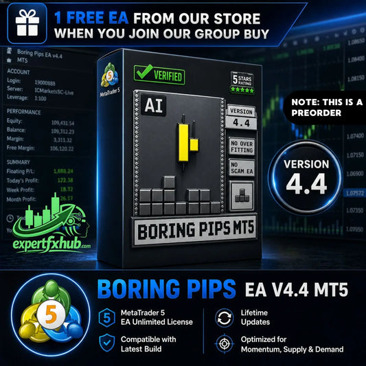 Black rectangular box for boring pips ea v4.4 mt5 with digital yellow gray design and green verification badges