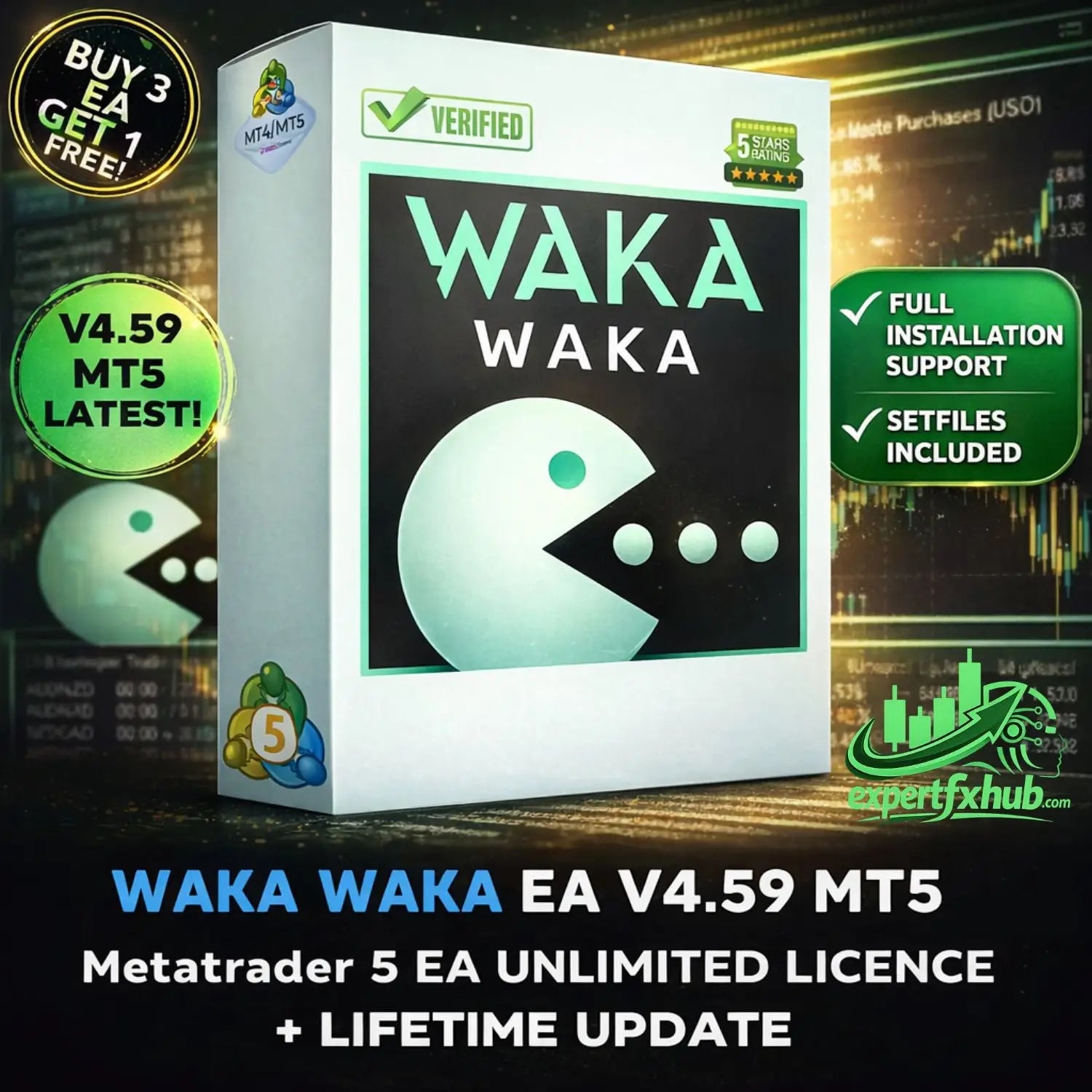 White rectangular box with teal pac-man graphic and bold waka waka text featuring green v4.59 mt5 badges for metatrader 5 ea software