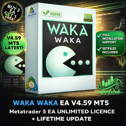 White rectangular box with teal pac-man graphic and bold waka waka text featuring green v4.59 mt5 badges for metatrader 5 ea software